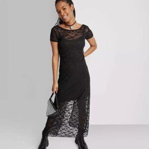 Women's black lace maxi dress short sleeve with liner M